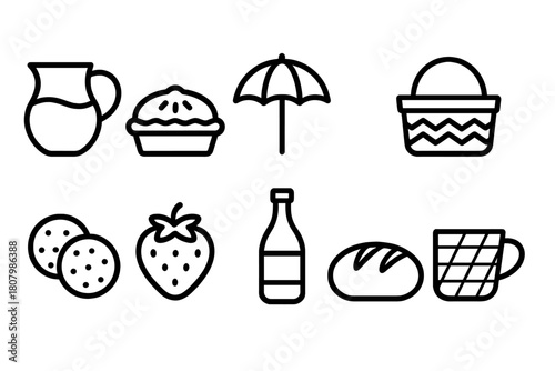 Picnic and food outline icon set: items, foods, outdoor dining essentials