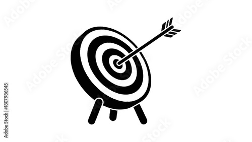 Vector illustration of black silhouette of a bullseye target with an arrow hitting the center, isolated on transparent background 