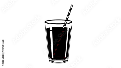 Vector illustration of refreshing glass of dark beverage with a striped straw isolated on transparent background 