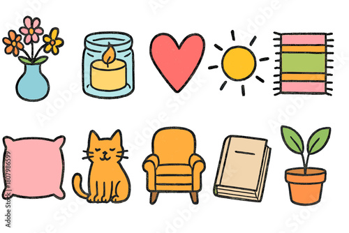 Home decor outline icon set. Cozy, warm elements for your living space