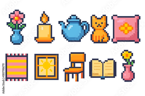 Home decor pixel art icon set. Cute, cozy components in a charming pixel style collection