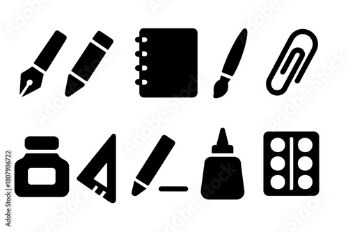School and office supplies silhouette icon set: pencil, notebook, clip silhouettes