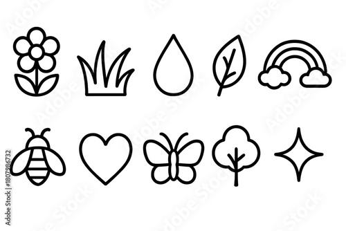 Nature, garden elements outline icon set. Floral, leaf, and insect icons collection