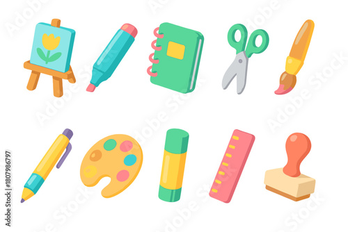 Art and craft 3d icon set. Creativity, tools, stationery, paint icons 3d collection