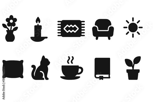 Home decor, lifestyle silhouette icon set. Interior, comfort, daily icons collection