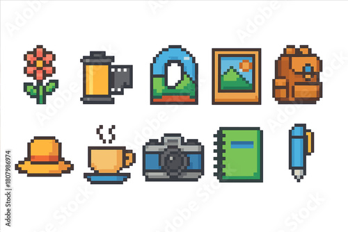 Travel and adventure icon set in colorful pixel art style for creative projects