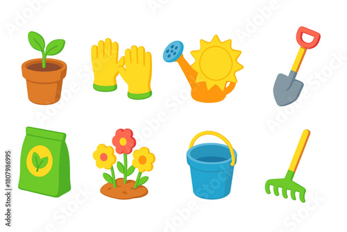 Gardening tools and planting flat icon set. Watering, growing, and soil care icons.