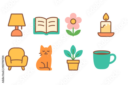 Home essentials icon set. Cozy, comfortable living icons in colorful neon outline style