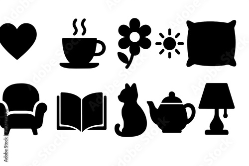 Home and leisure silhouette icon set. Relaxation, comfort, cozy living icons collection