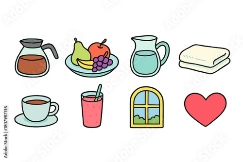 Cooking and beverage flat icon set. Kitchen essentials and drinkware flat collection.
