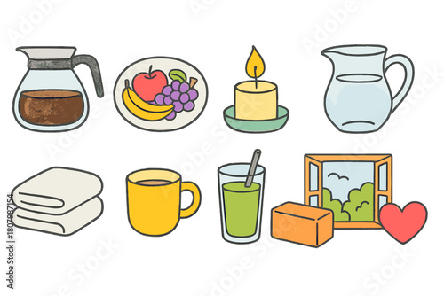 Home essentials outline icon set. Kitchen, decor, beverage icons in outline style.