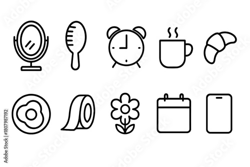 Daily essentials icon set. Morning routine, outline style essentials collection