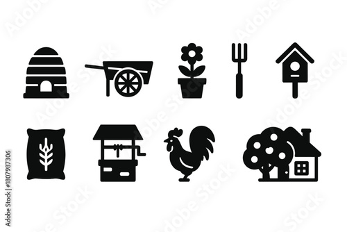 Gardening and farming silhouette icon set. Tools, plants, nature silhouette collection