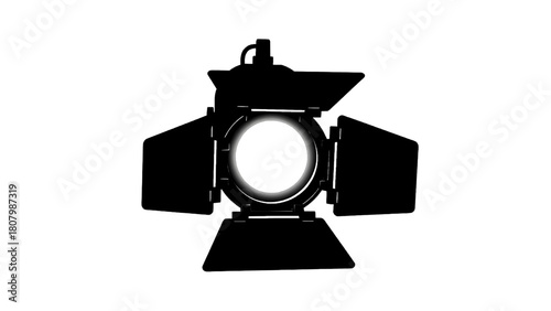 Vector illustration of bright stage spotlight with barn doors, casting a strong beam of light, isolated on transparent background 