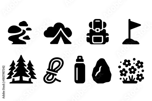 Camping adventure silhouette icon set. Hiking, nature, backpacking icons silhouette style.