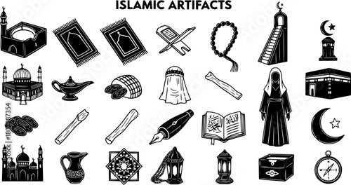 Hand-Drawn Collection of Islamic Artifacts, Muslim Culture Elements, and Religious Symbols Vector Icons Set in Black and White