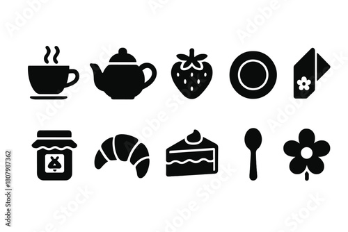 Kitchen and dining silhouette icon set. Cooking, food, utensil outline collection.