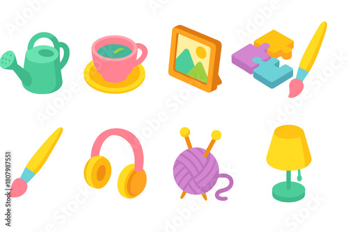 Home and leisure 3d icon set. Household, hobby, and recreation icons collection