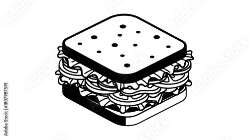 Vector illustration of isometric line art drawing of a delicious layered sandwich with fresh ingredients, isolated on transparent background 