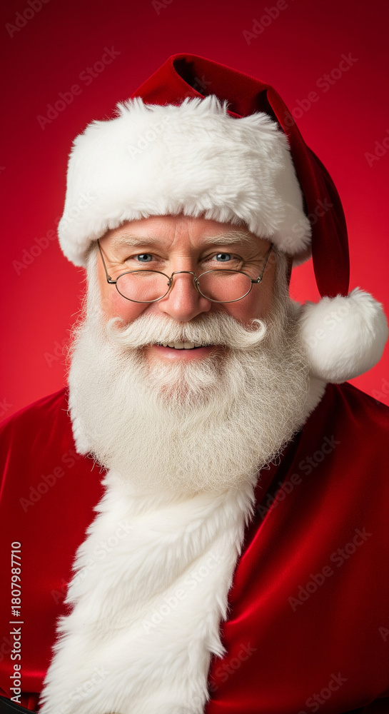 Naklejka premium Friendly Santa Claus Smiling on Red Background
