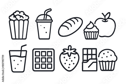 Food and drink line icon set. Snacks, fruits, beverages outline collection