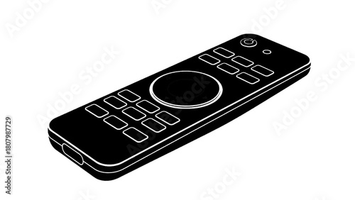 Vector illustration of black remote control with multiple buttons for operating electronic devices, isolated on transparent background 