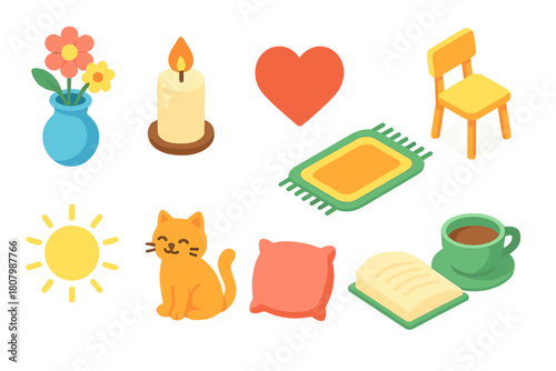 Home decor, cozy essentials 3d icon set. Warm accessories collection for inviting spaces.