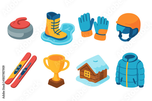 Winter sports icon set with 3d style. Curling, skiing, snowboarding icons collection