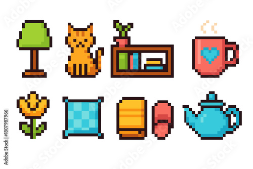 Retro lifestyle 8-bit icon set. Cozy home essentials in pixel art style