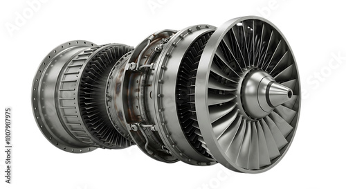 Silver jet engine turbine, detailed cross section with multiple fan blades and internal components, cutout, PNG isolated on transparent background