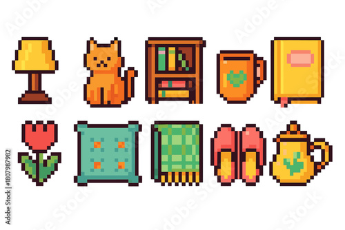 Pixel art icon set: cozy home decor and accessories in a retro style collection