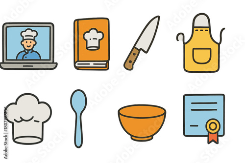 “Culinary, cooking flat icon set. Chef, kitchen tools, food preparation icons collection”