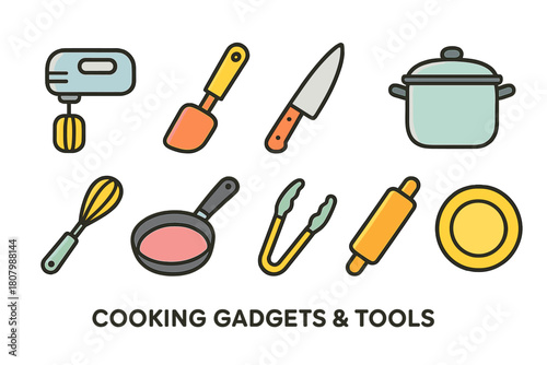 Cooking gadgets and tools icon set. Kitchen utensil icons filled collection