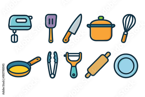 Kitchen tools flat icon set. Cooking utensils and appliances icons collection.