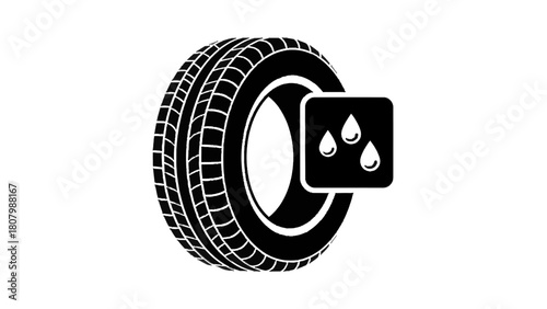 Vector illustration of car tire icon with rain droplets symbol, indicating wet road conditions, isolated on transparent background 