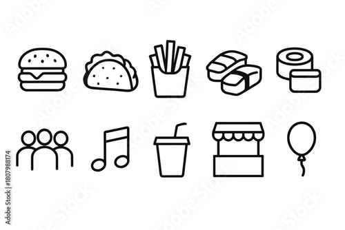 Food and entertainment outline icon set. Dining, music, and leisure symbols collection.