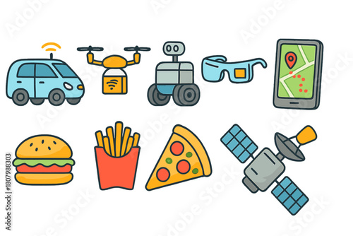 Futuristic technology and food flat icon set. Gadgets and fast food icons collection