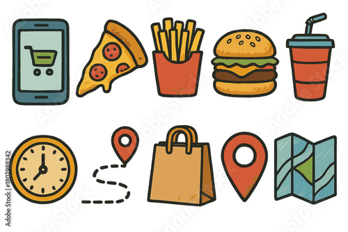 Food ordering and delivery icon set. Fast food, location, map icons in filled style