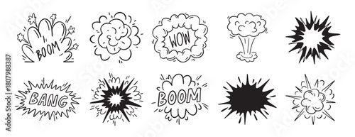 Bomb explosion or Comic explosion boom doodle hand drawn icon set. Outline drawing smoke cloud and fire flash. Atomic boom or dynamite detonation,