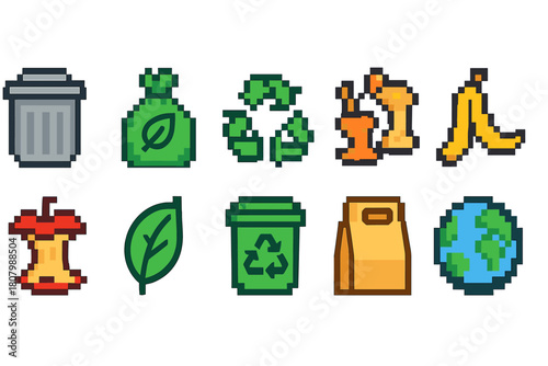 Recycling, composting pixel icon set. Eco-friendly, waste management pixel art icons