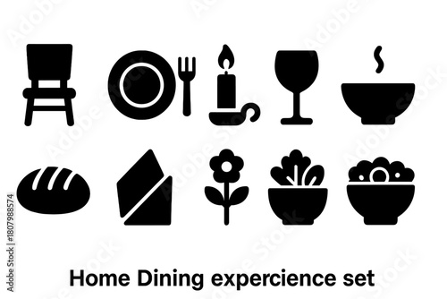 Dining silhouette icon set: home dining, kitchen, food, and drink silhouettes collection