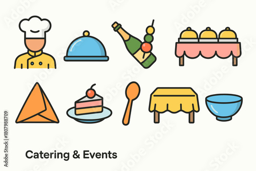 Catering and events flat icon set. Chef, table, food, dining icons flat collection