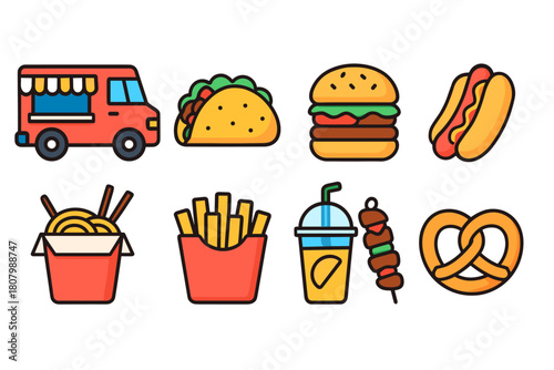 Street food flat icon set with truck, taco, burger and snack illustrations