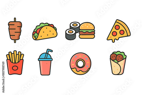 Fast food icon set. Delicious, outline icons collection featuring popular snacks
