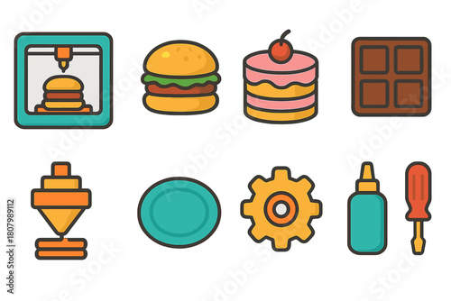Food and tools icon set. Vibrant flat icons for culinary and diy themes