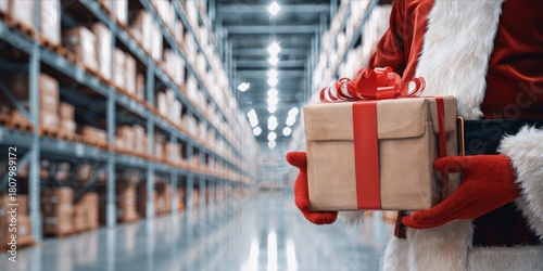 Santa Claus holding a gift box with a red ribbon in a warehouse. Christmas delivery and holiday shopping concept for festive season.