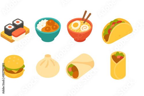 International cuisine icon set. Sushi, dim sum, burrito flat icons for food apps.