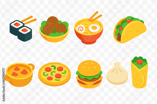 Food and drink flat icon set: sushi, ramen, burgers, and more culinary delights