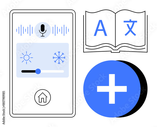 Smart home interface. Smart technology features including voice command, climate control, language translation, and accessibility options. Smart home innovation for UI design, IoT, education