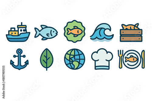 Ocean and seafood flat icon set. Nautical and culinary icons collection
